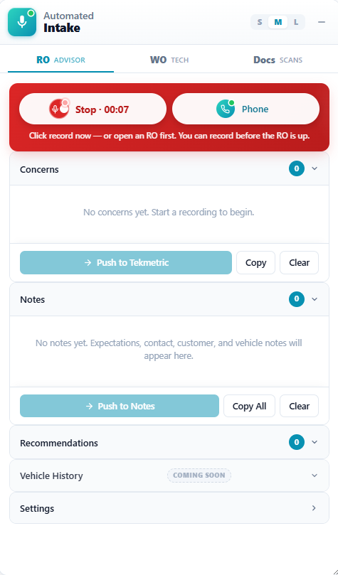 Automated Intake sidebar recording a customer check-in inside Tekmetric